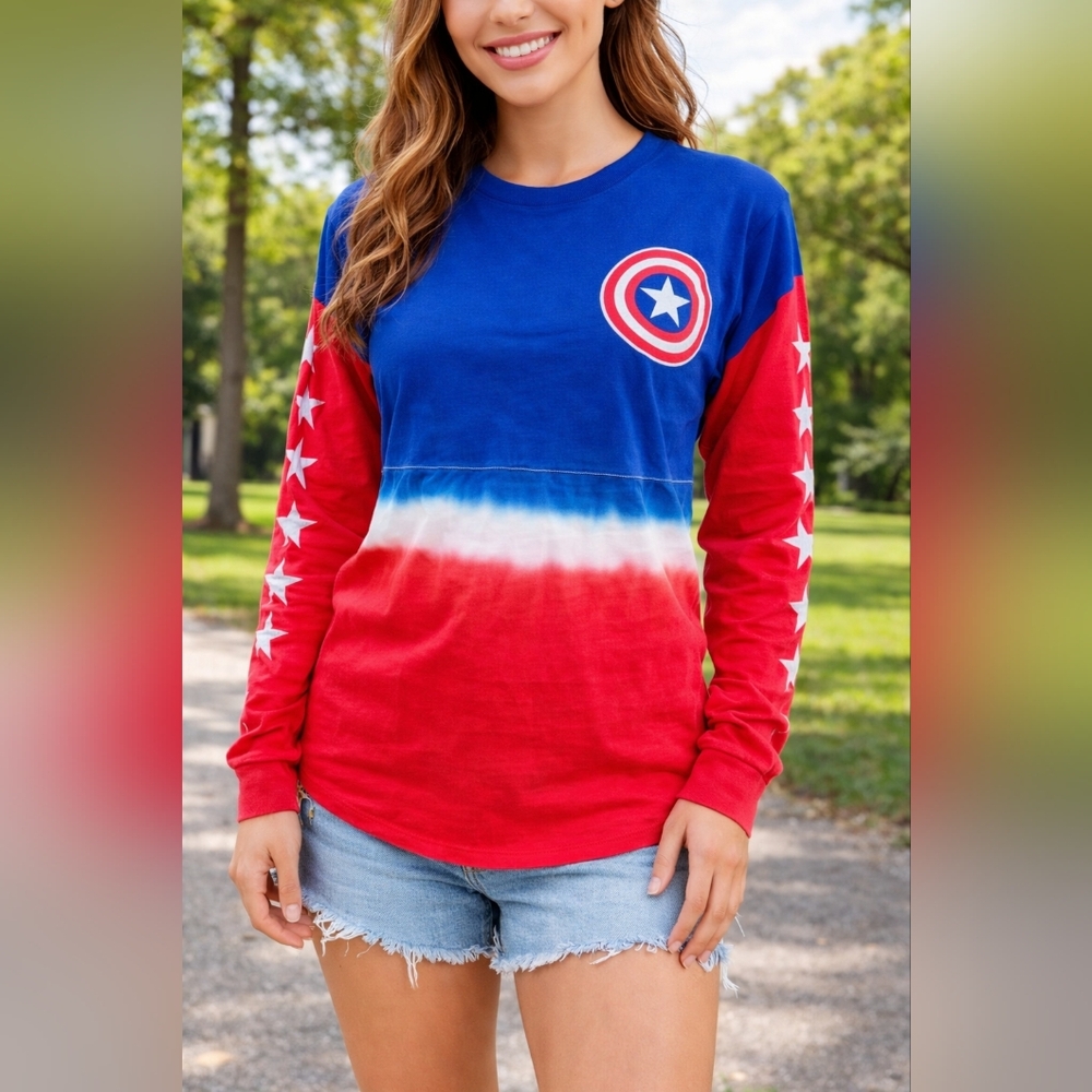 Marvel Captain America Legendary Long Sleeve Shirt Red White Blue Stars Shield S